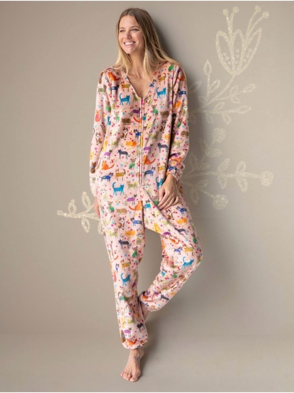 NATURAL LIFE Cat Print Fleece Onesie Small